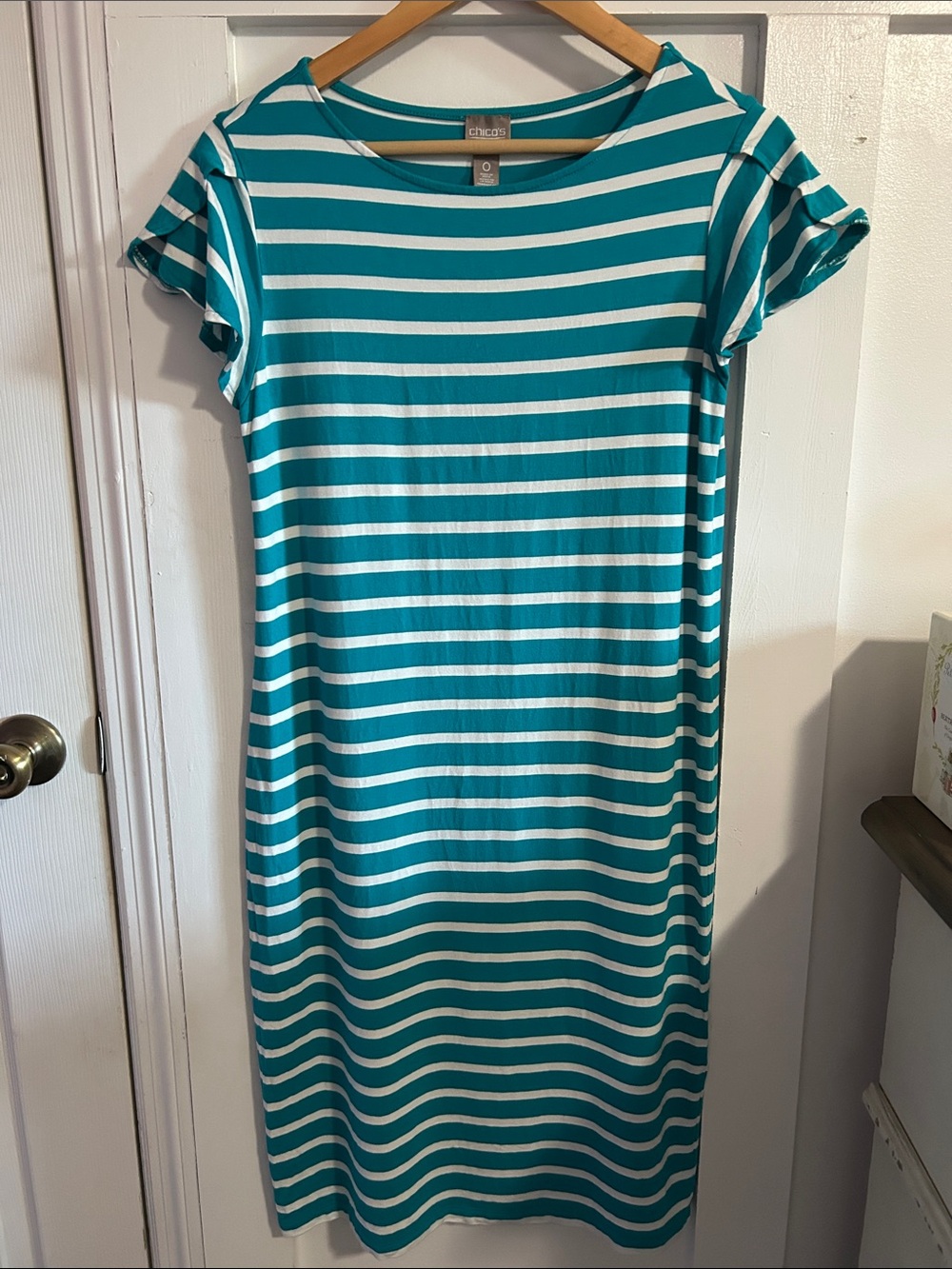 Chico's Stripe Connie Flutter Dress Teal White Size 0 / 4 / Small Women’s